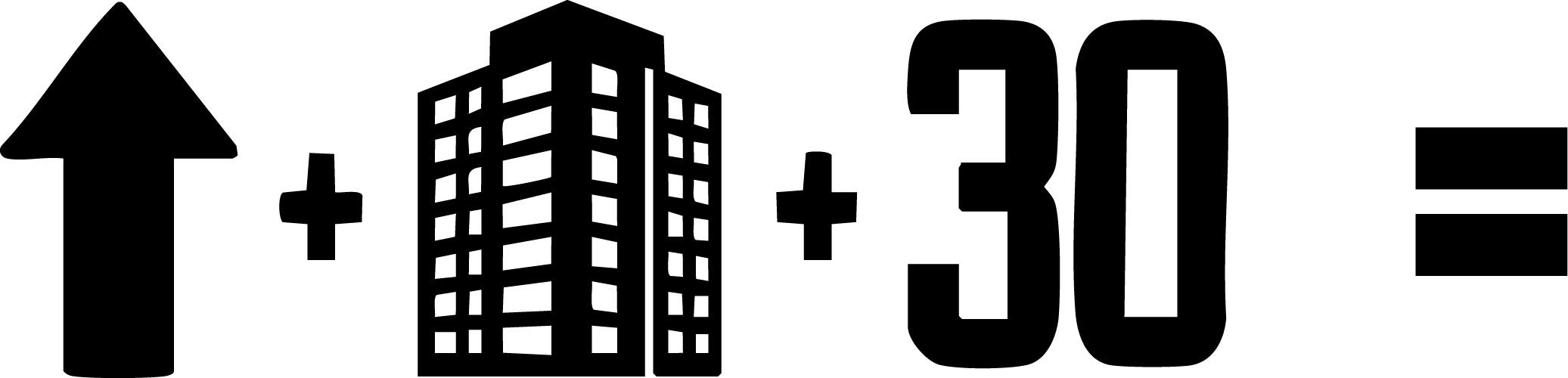 An image of each an up arrow, a clipart style condo building, and the number 30