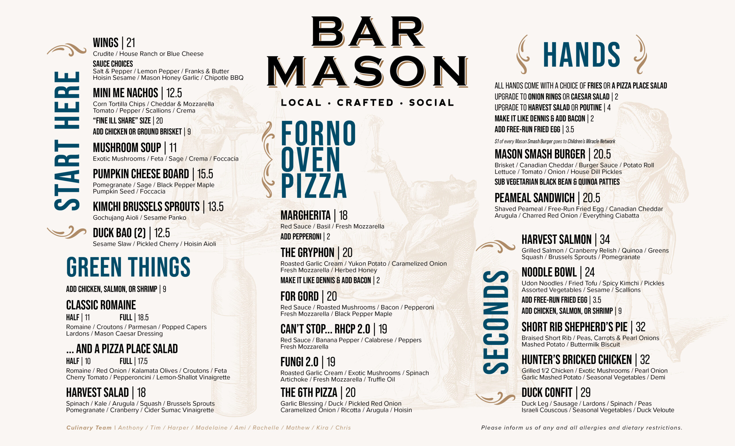 Bar Mason dinner menu