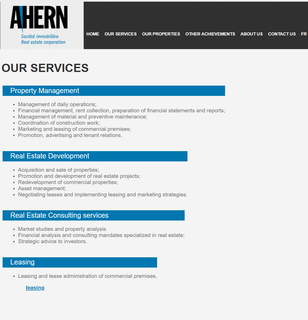 Ahern old website Services page