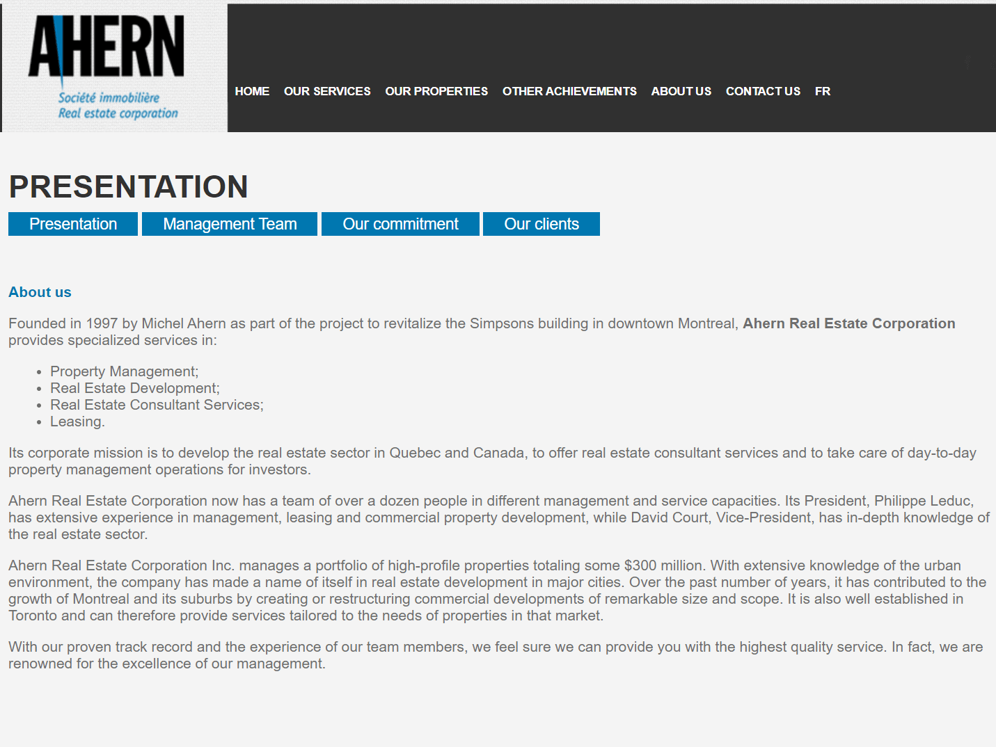 Ahern old website About Us page