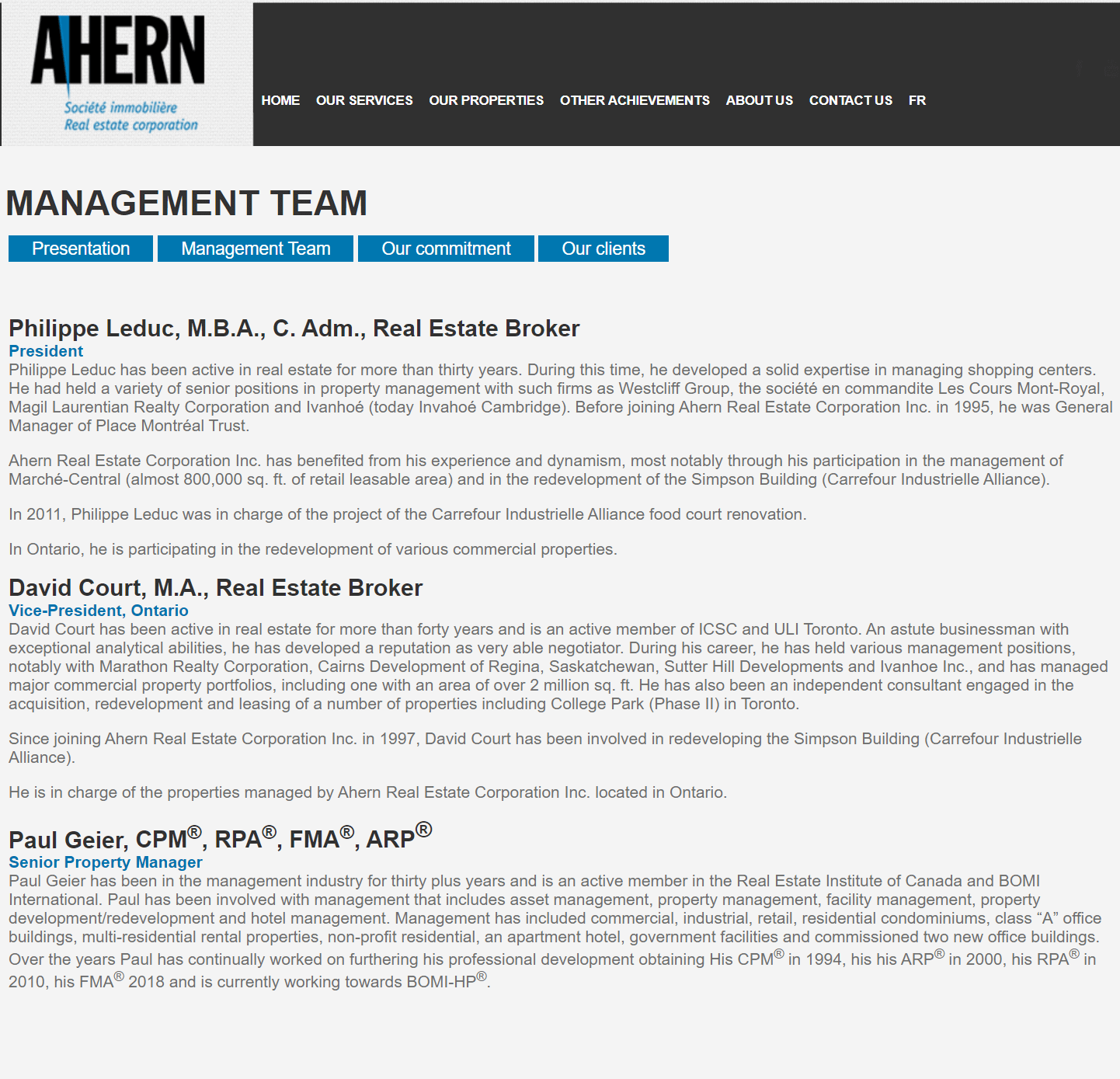 Ahern old website Management team page