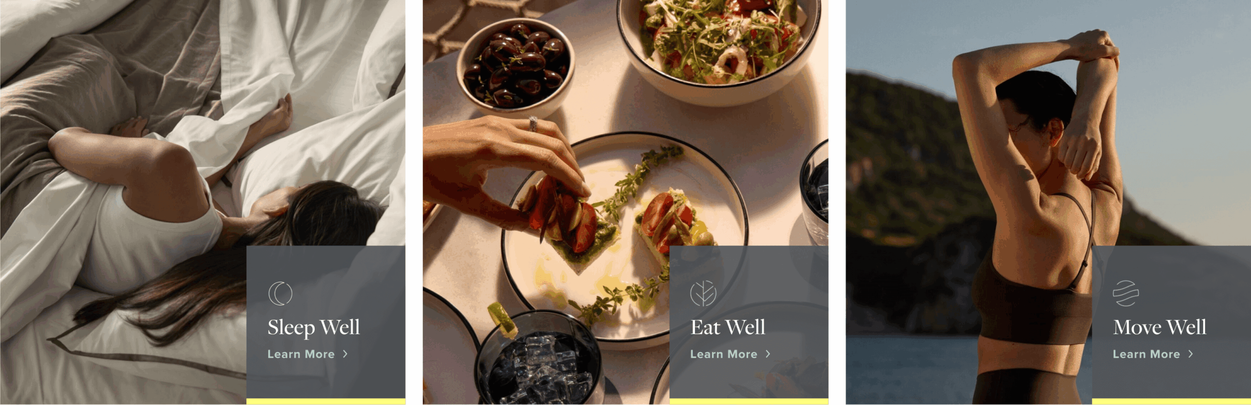 Screenshot from the Westin website showing their “Sleep Well,” “Eat Well,” and “Move Well” brand pillars.
