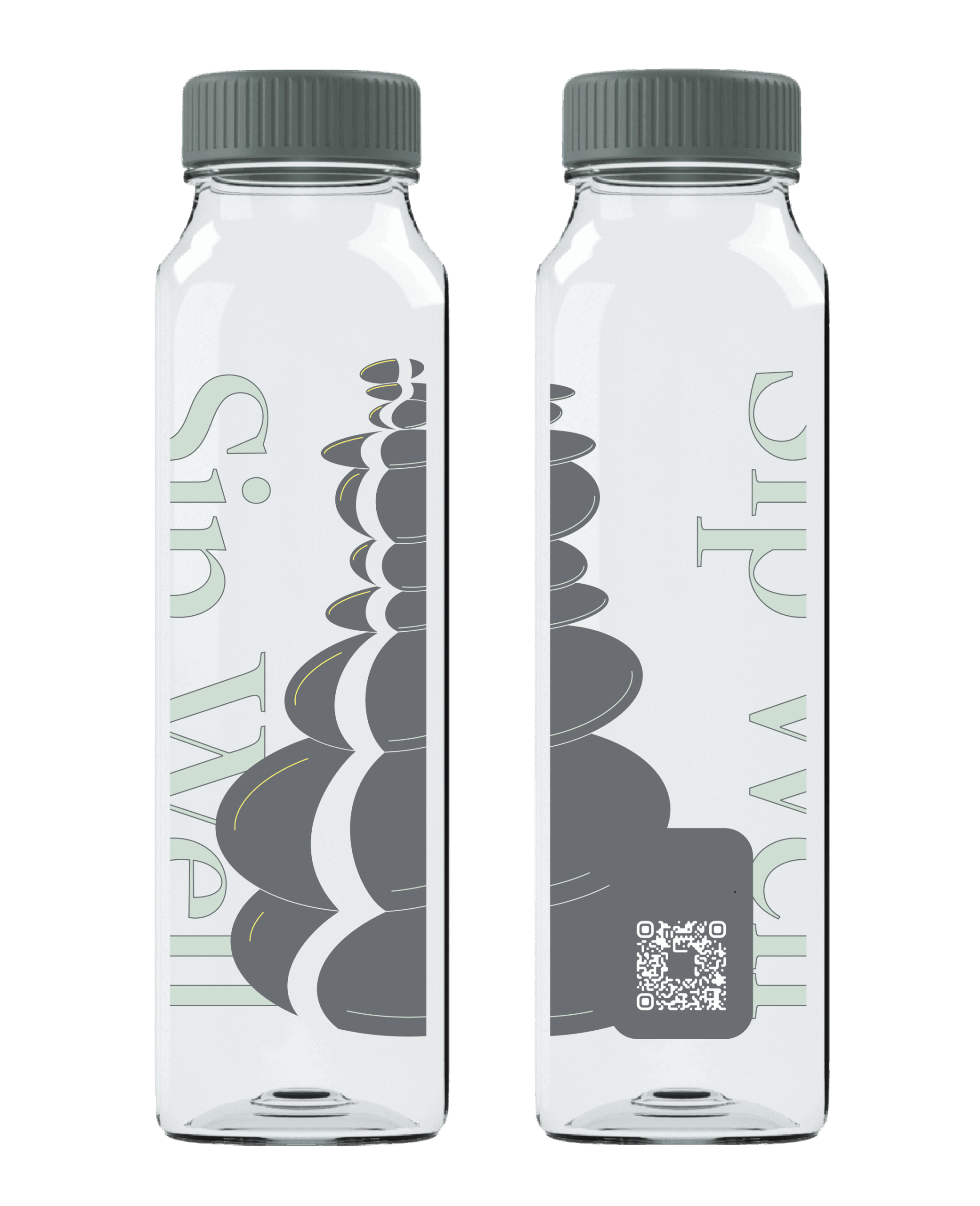A clear reusable bottle shown front and back, featuring a tall stacked-cairn illustration in grey with thin lemon and lime-coloured accent lines. The design includes curved stone-like shapes, with large words “Sip Well” printed vertically in light lime colour.