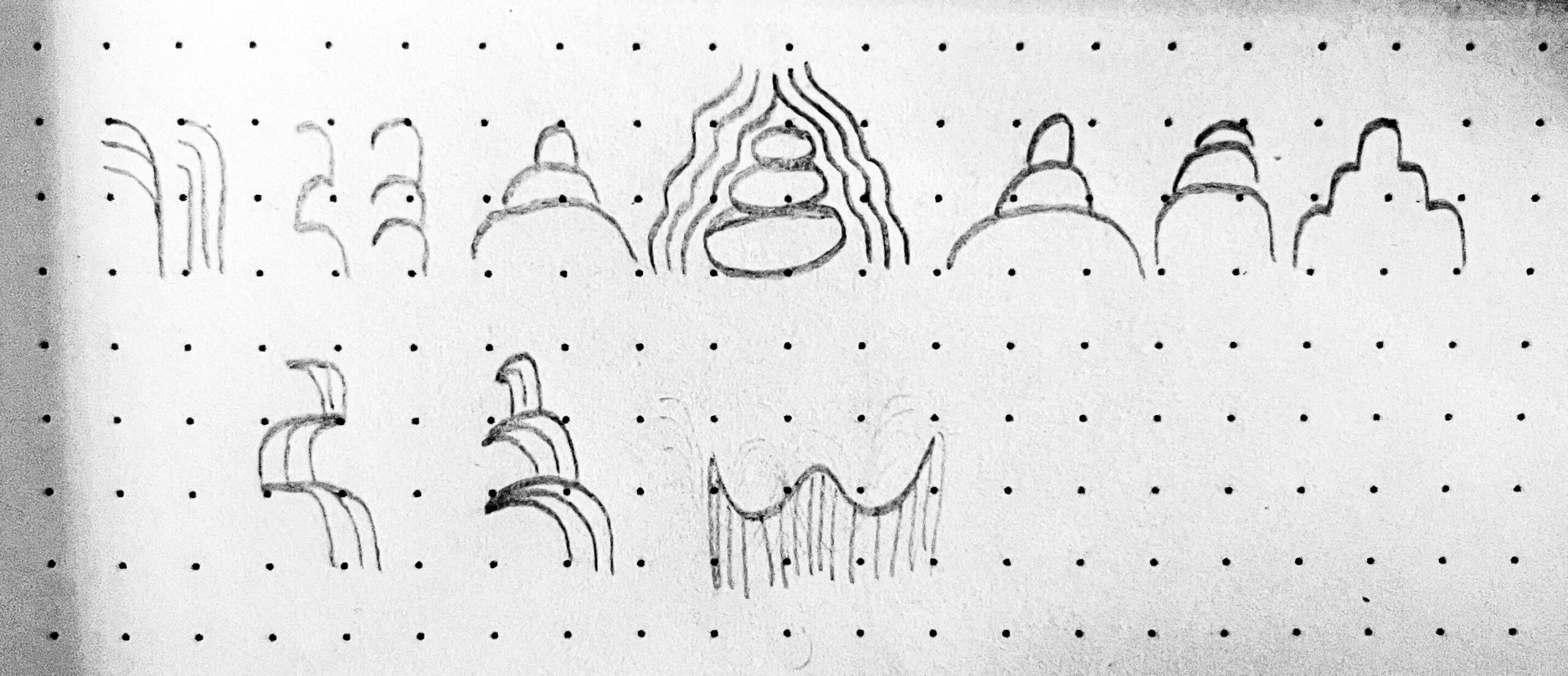 Early sketches exploring cairn-inspired forms and flowing water shapes and lines.