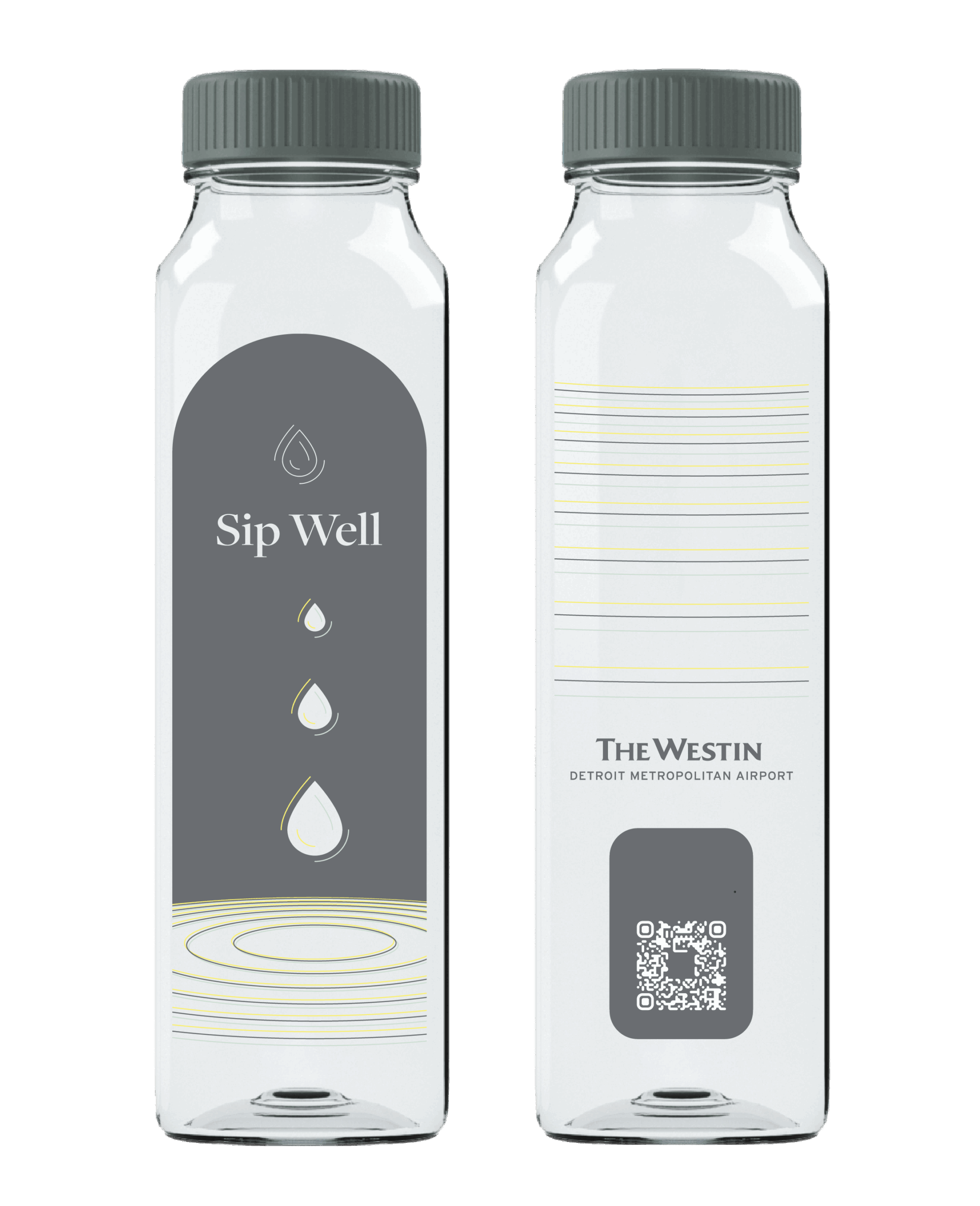 A clear reusable bottle shown front and back, featuring a tall grey panel with a water drop outline logo at the top, the words “Sip Well” below, followed by three stylized water droplets falling into a thin grey, lemon, and lime-coloured ripple-line graphic at the base. The back displays a continuation of the ripple lines.
