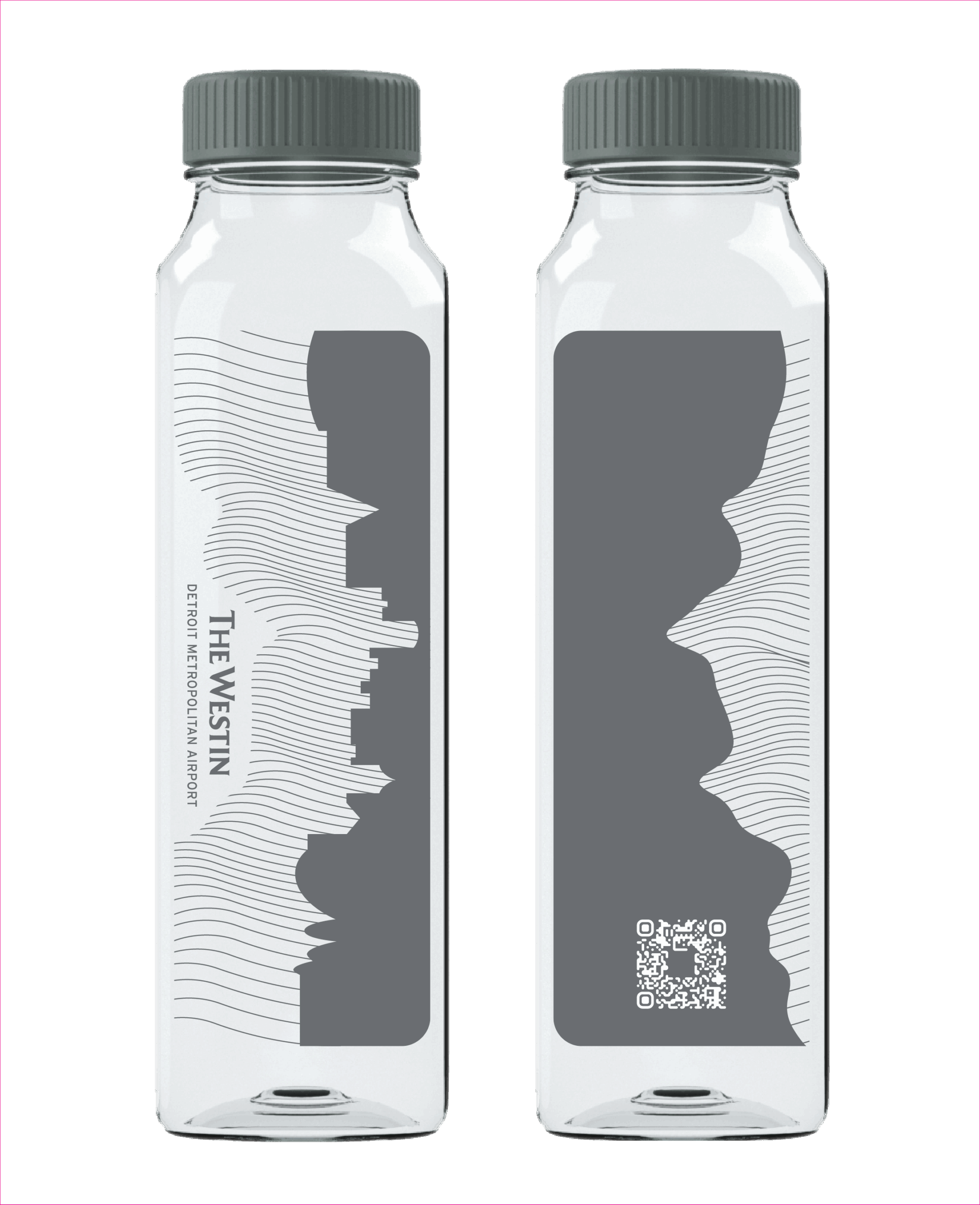 A clear reusable bottle shown front and back, featuring a vertically-oriented grey skyline silhouette of Detroit with thin horizontal wave lines flowing across it. The back bottle shows a rounded reflection of the skyline using the same grey shape and wave-line pattern.