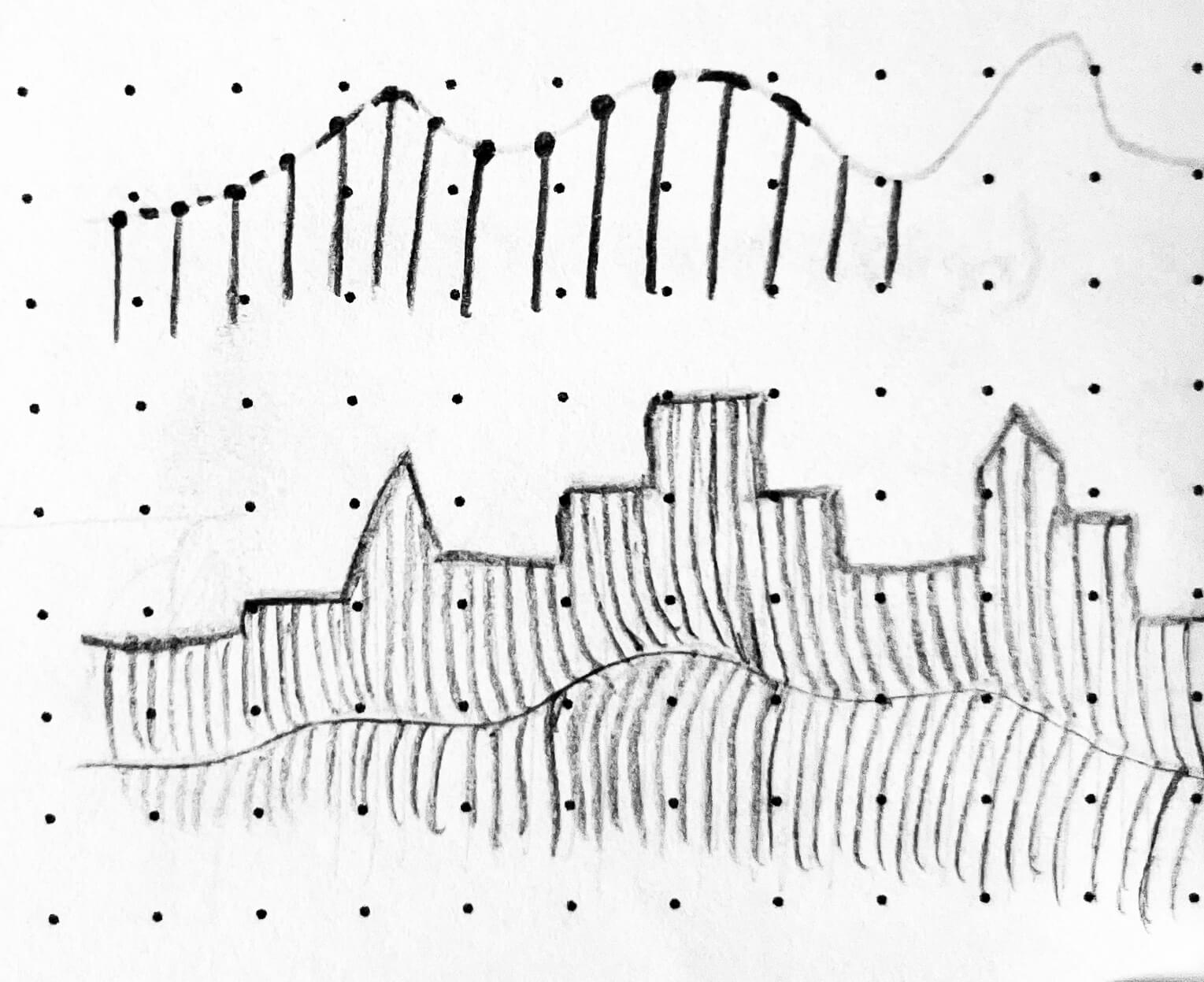 Early sketch of the Detroit skyline sitting above a series of curved vertical lines that represent waterfront waves.