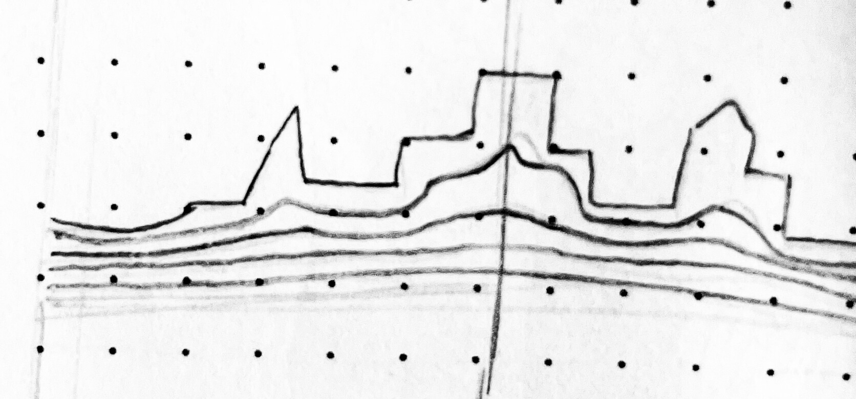 Early sketch of the Detroit skyline sitting above a series of curved horizontal lines that represent waterfront waves.